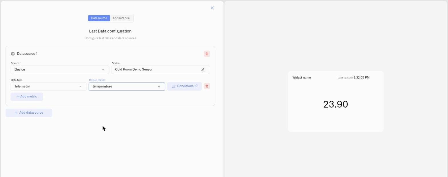 The Datasource tab of the Last Data widget with a device and metric selected and a live preview