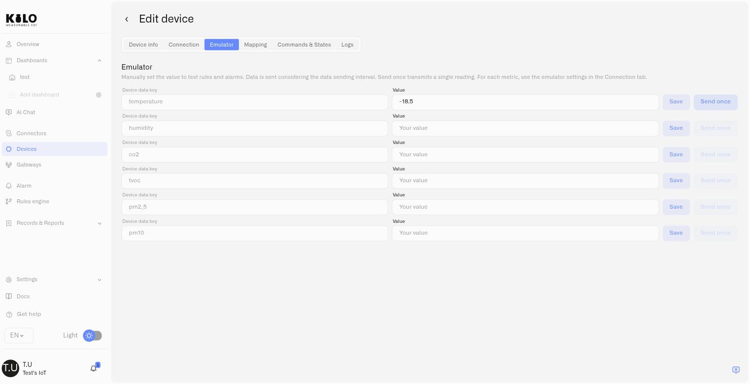 Sending a one-off reading from an emulated device's Emulator tab