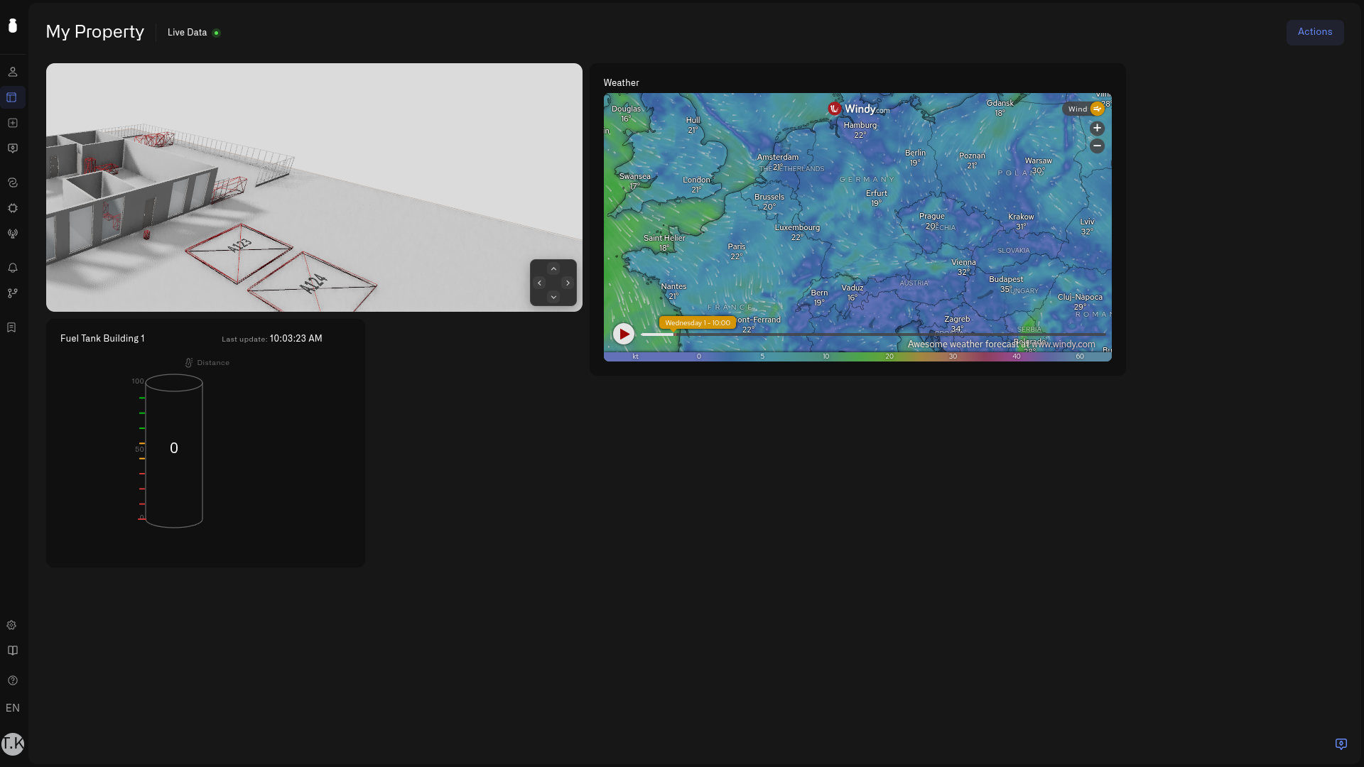 An embedded weather map in an iFrame widget on a dashboard, beside a 3D building twin and a tank-level gauge
