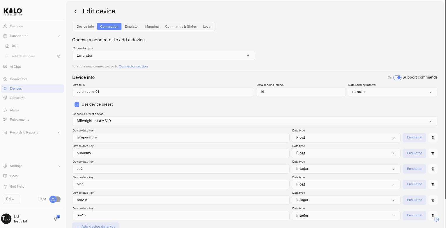 An emulated device built from a device preset, with its readings and data types filled in