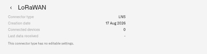 The LNS connector page showing connector type, creation date, connected devices and last data received