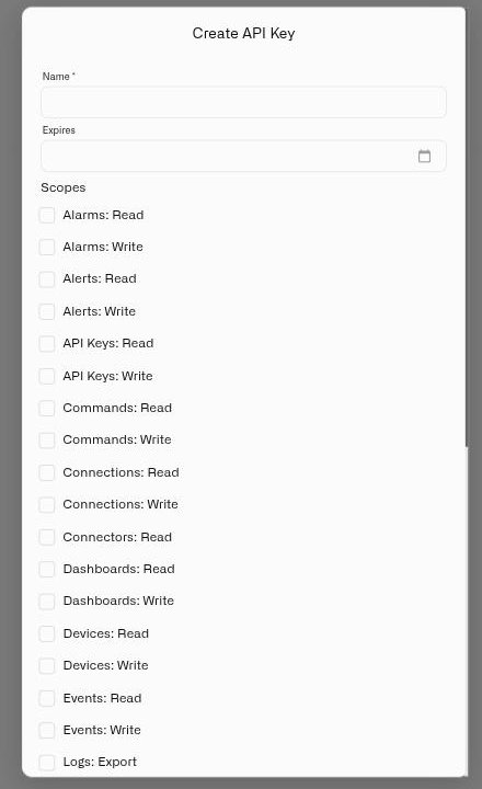 The Create API Key dialog with the name, expiry and the scrollable list of read and write scopes