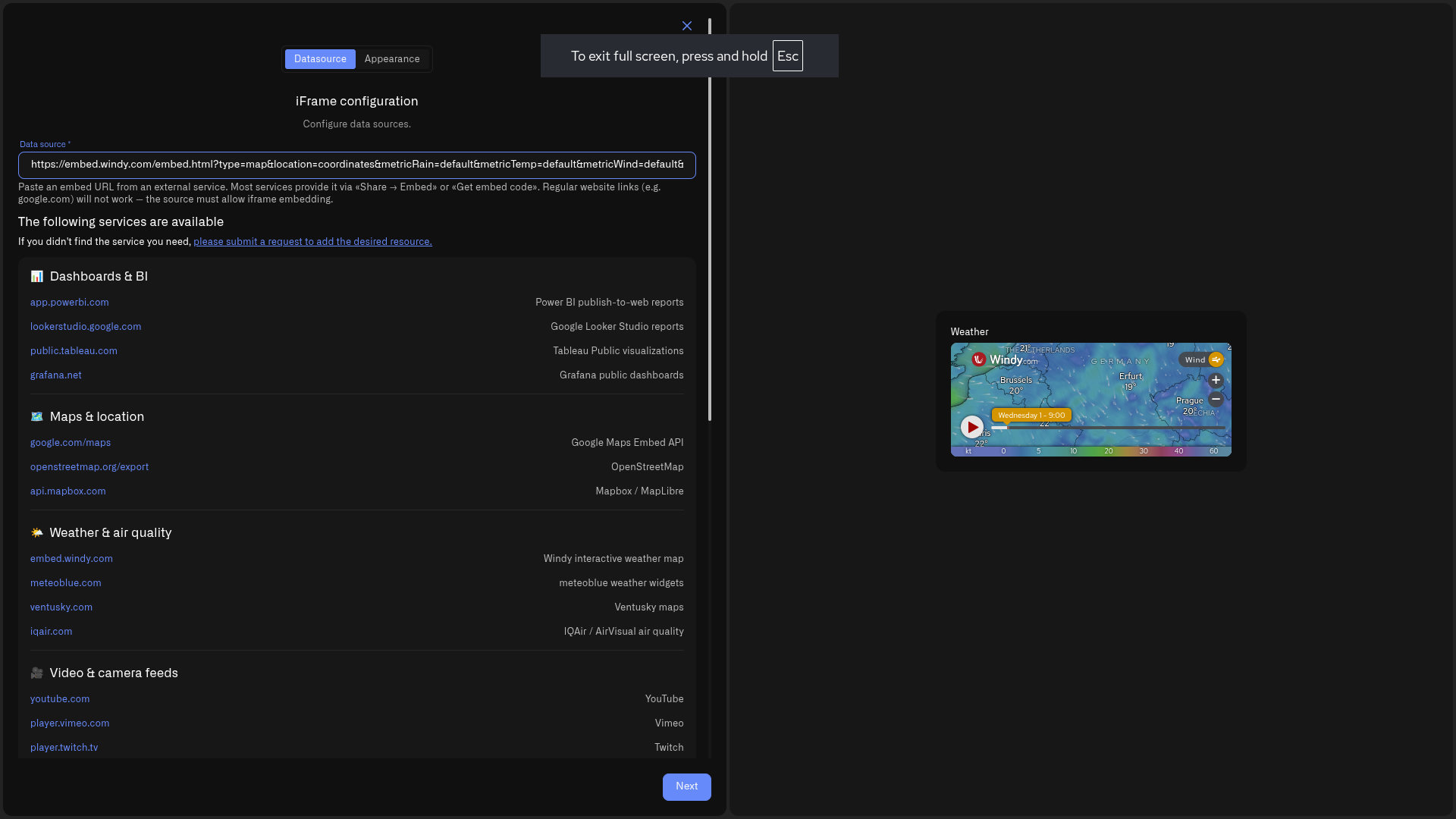The iFrame Widget configurator — an embed URL in the Data source field, the supported-services list below, and a live preview