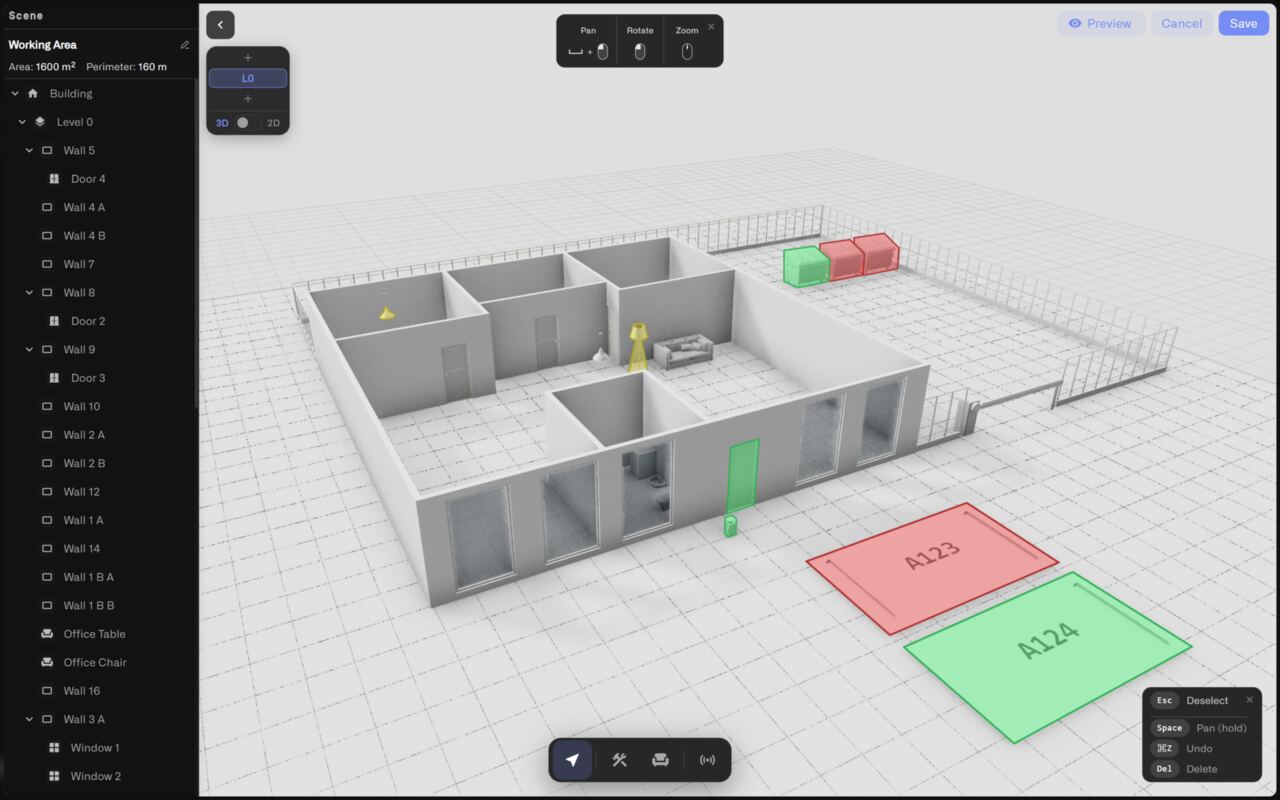 Digital Building Twin scene with parking bays color-coded by occupancy (A123 red, A124 green), dumpsters indicating fill state, and per-room sensor status markers