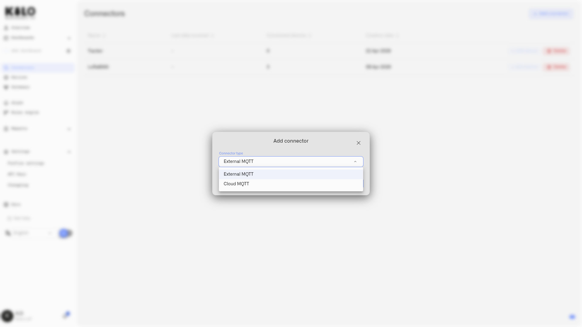 The Add connector dialog with External MQTT and Cloud MQTT in the connector type list
