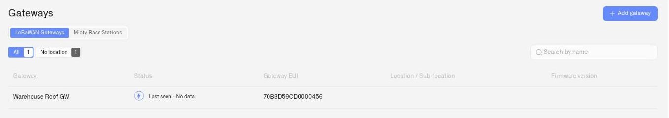 The Gateways page on the LoRaWAN Gateways tab, with the Mioty Base Stations tab, location filters and one registered gateway