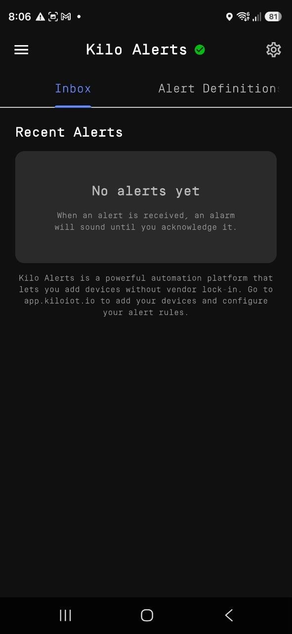 Kilo Alerts Inbox tab beside the Alert Definitions tab, showing an empty alert list