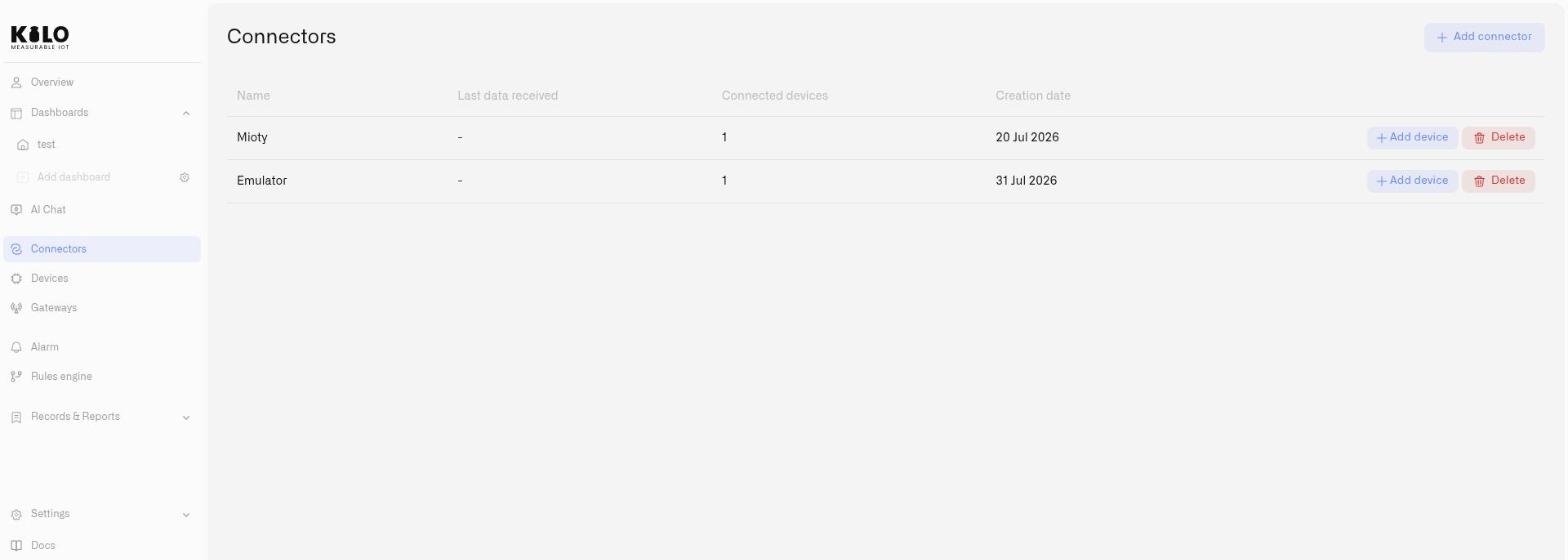 The Connectors page listing connectors with last data received, connected device count and row actions