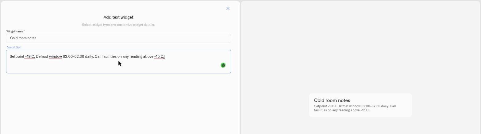Text widget adding a labeled heading tile to a dashboard