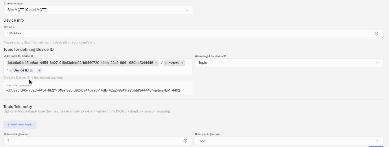 The MQTT topic builder on a device Connection tab with a locked connector prefix, a text segment, a Device ID segment and the resolved preview