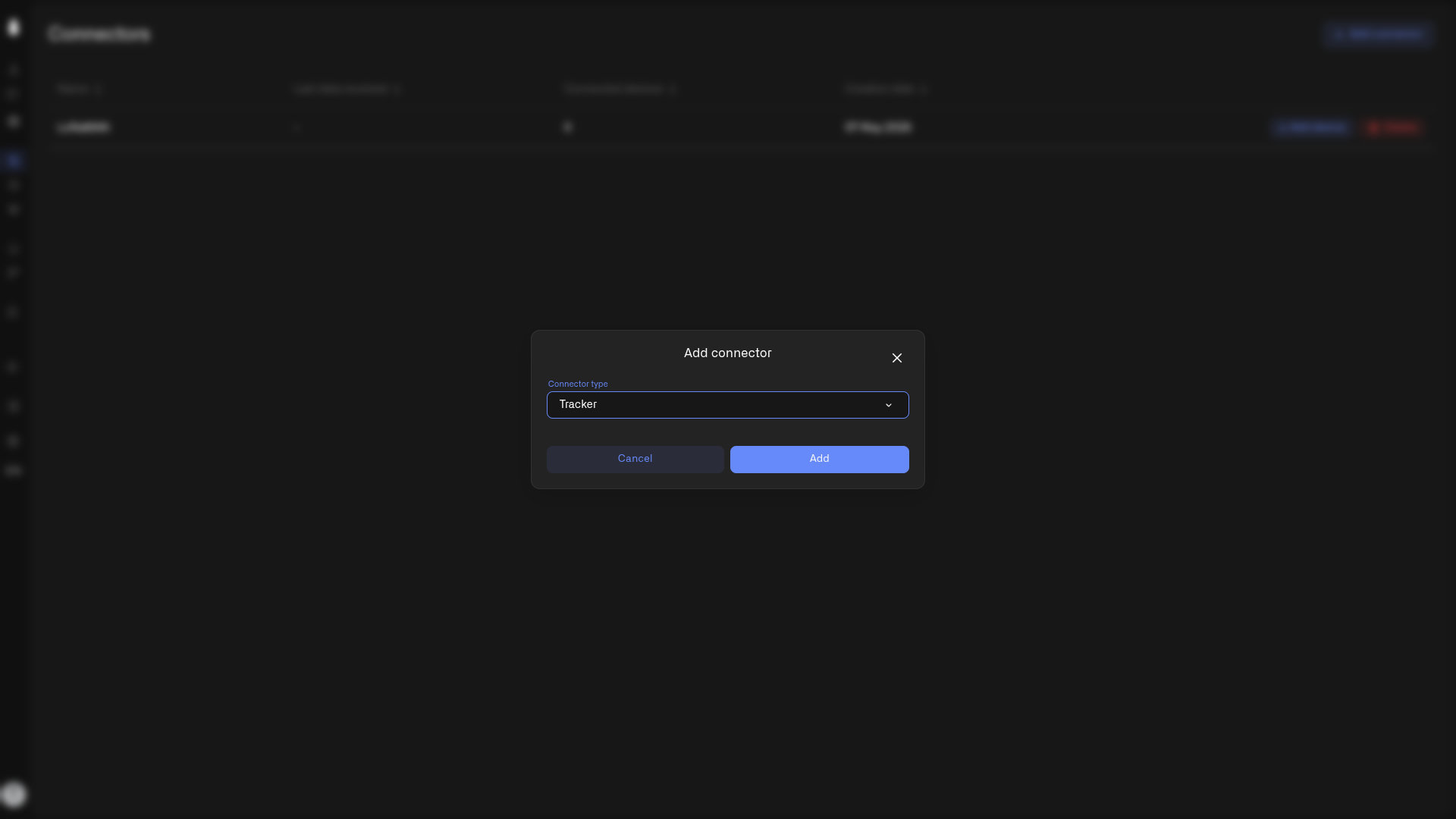 Add connector dialog with Tracker selected as the connector type