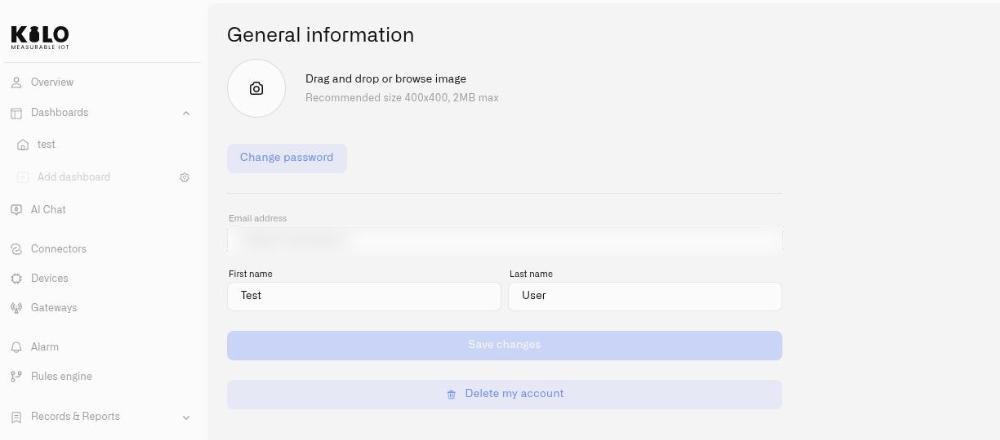 Profile settings with the avatar uploader, change password, name fields and delete account action