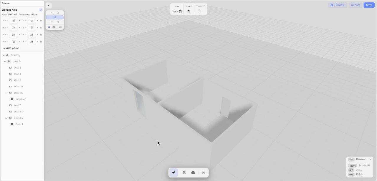 The Digital Building Twin editor with the Scene panel on the left, the mode toolbar along the bottom, and a partly built floor in the 3D view