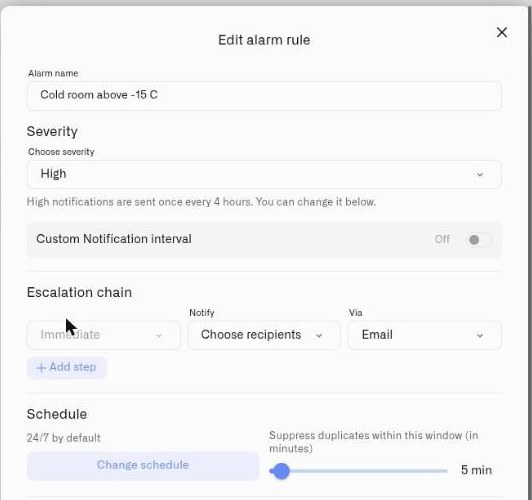 The Escalation chain section of an alarm definition with an Immediate step, its Notify recipients dropdown and Via channel, and the Add step control