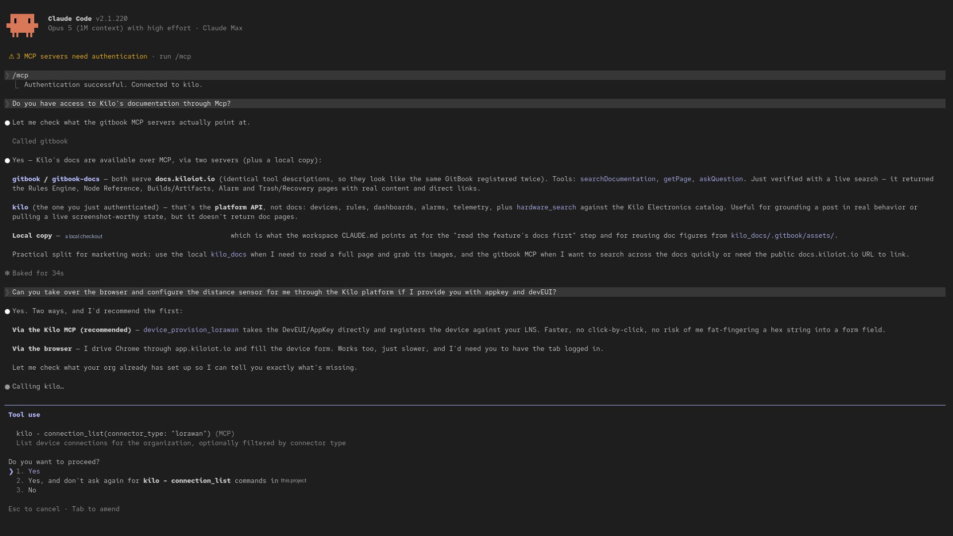 A Claude Code session connected to Kilo over MCP, calling the connection_list tool and asking permission before continuing