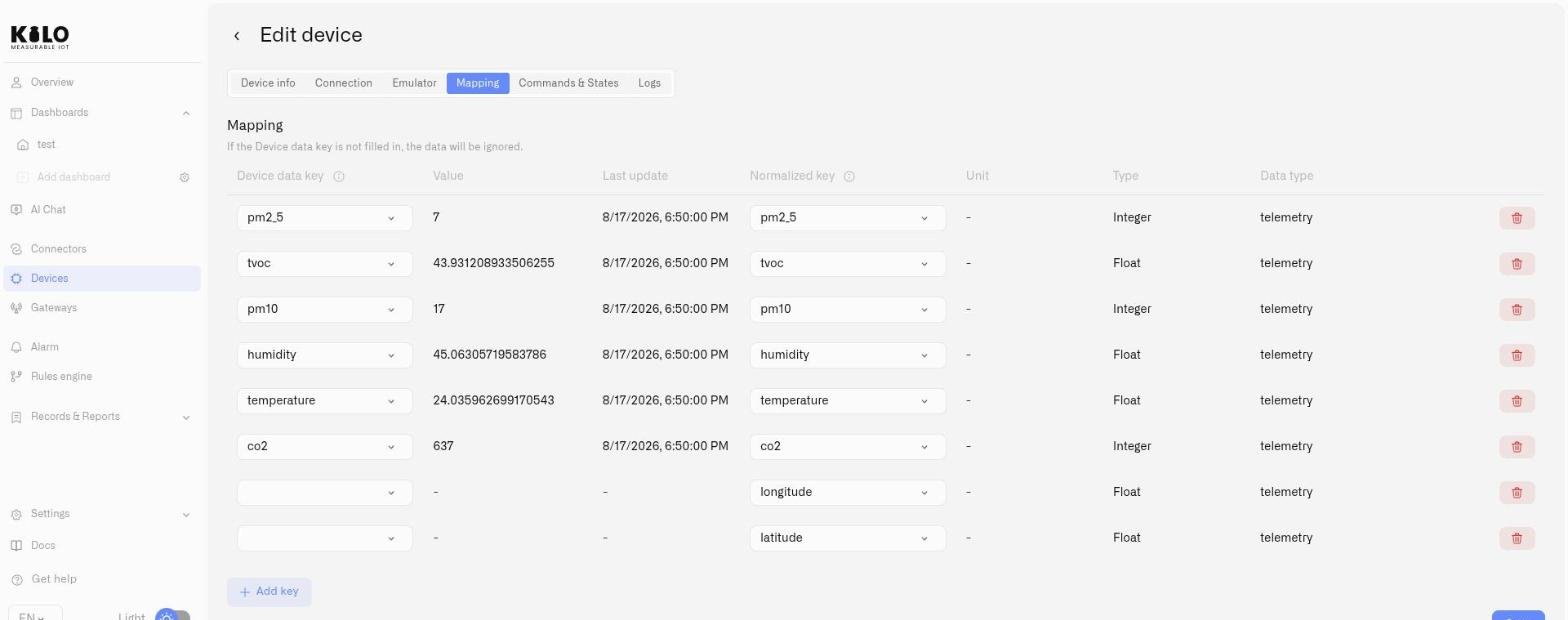 The Mapping tab listing each device data key with its live value, last update and the metric it feeds