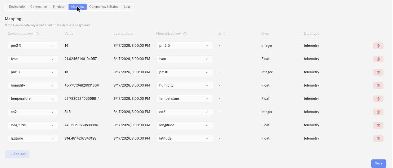 The device Mapping tab listing each device data key with its latest value, normalized key, type and data type