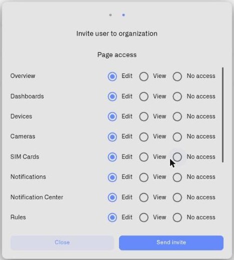 Step two of the invite dialog listing each product surface with Edit, View and No access options